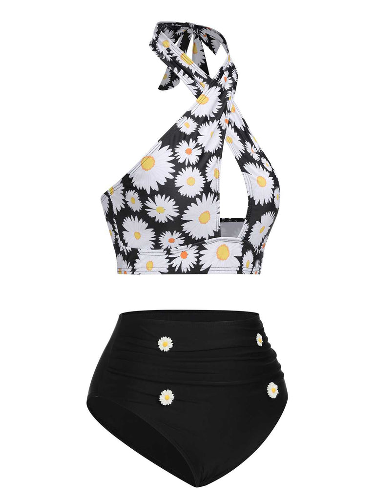 Black 1950s Daisy Cross Strap Swimsuit