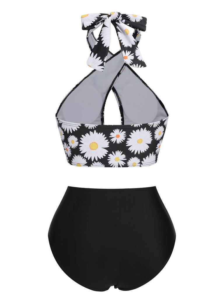 Black 1950s Daisy Cross Strap Swimsuit