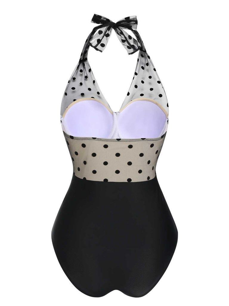 Black 1950s Halter Polka Dots Mesh Swimsuit