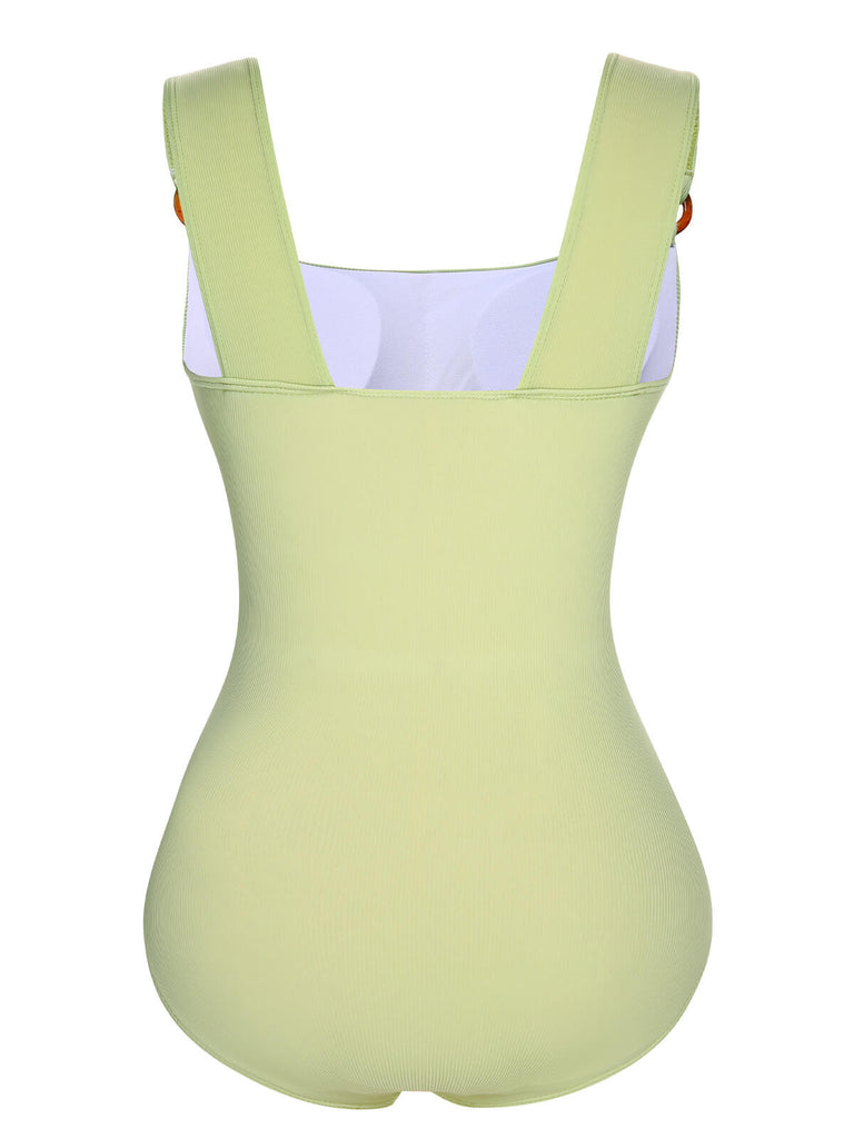 Green 1950s Solid Waist Cutout Ring Swimsuit
