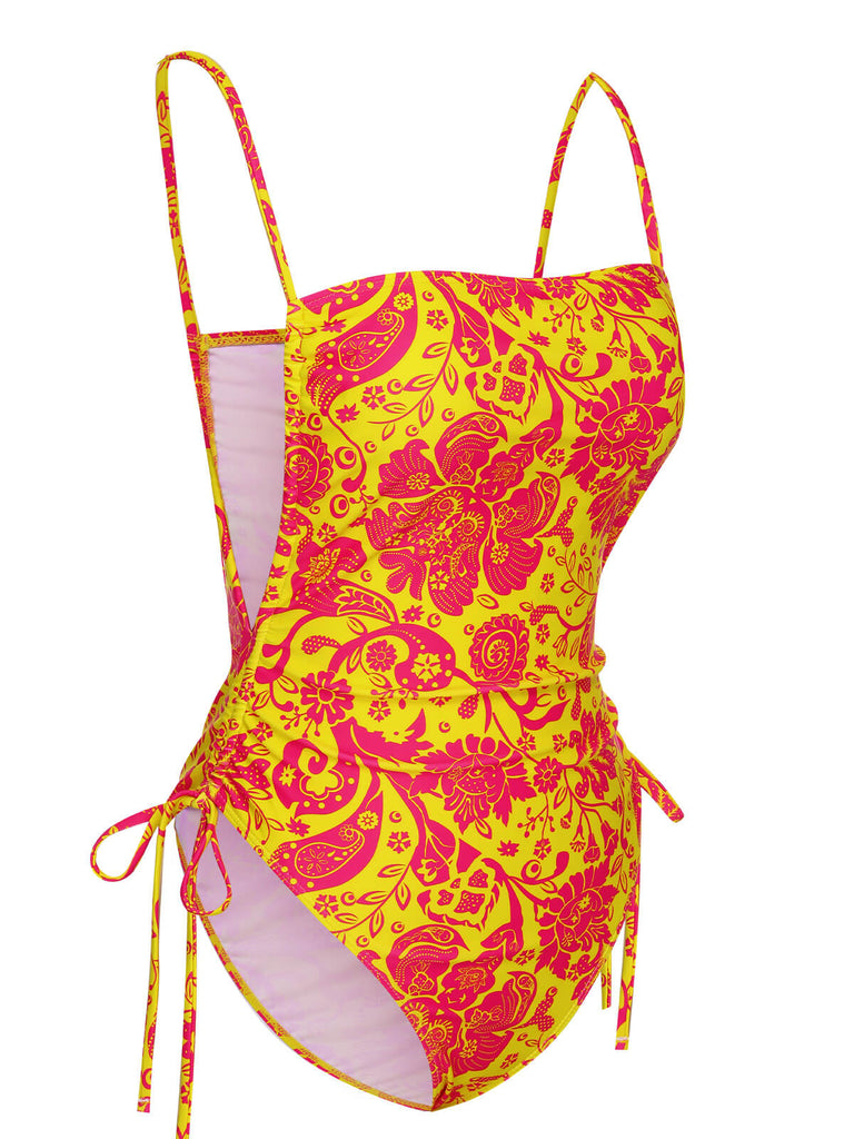 Orange 1970s Russian Floral Drawstring Strap Swimsuit