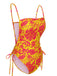 Orange 1970s Russian Floral Drawstring Strap Swimsuit