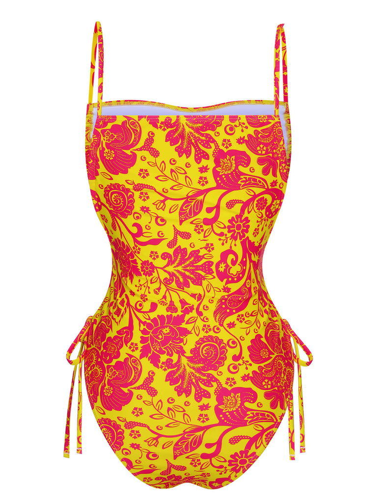 Orange 1970s Russian Floral Drawstring Strap Swimsuit