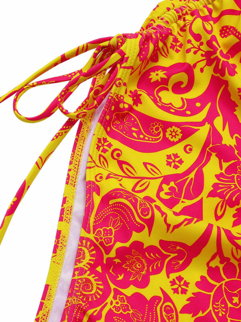 Orange 1970s Russian Floral Drawstring Strap Swimsuit
