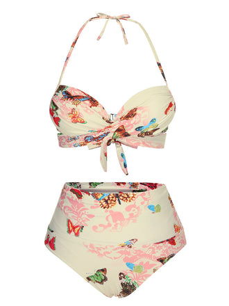 Pink 1940s Butterfly Back Lace Up Halter Swimsuit