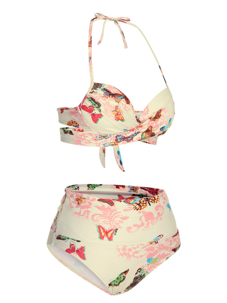 Pink 1940s Butterfly Back Lace Up Halter Swimsuit
