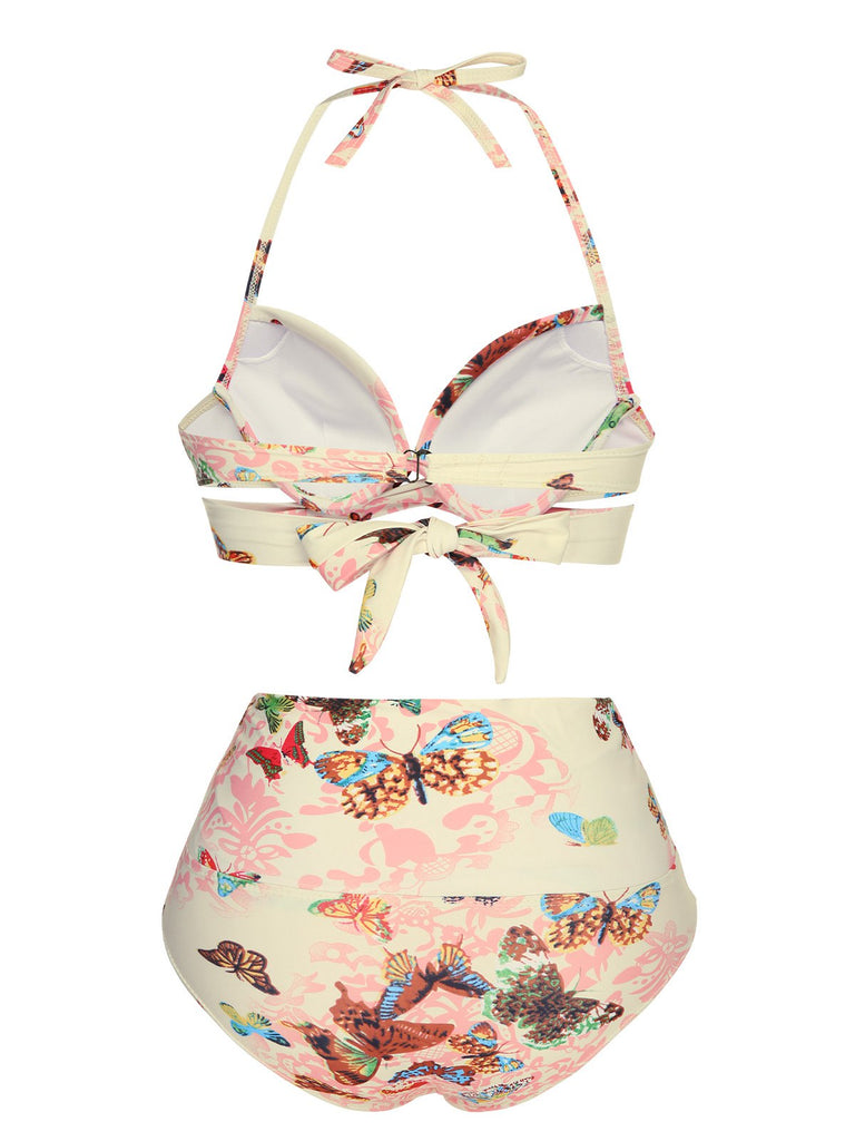 Pink 1940s Butterfly Back Lace Up Halter Swimsuit