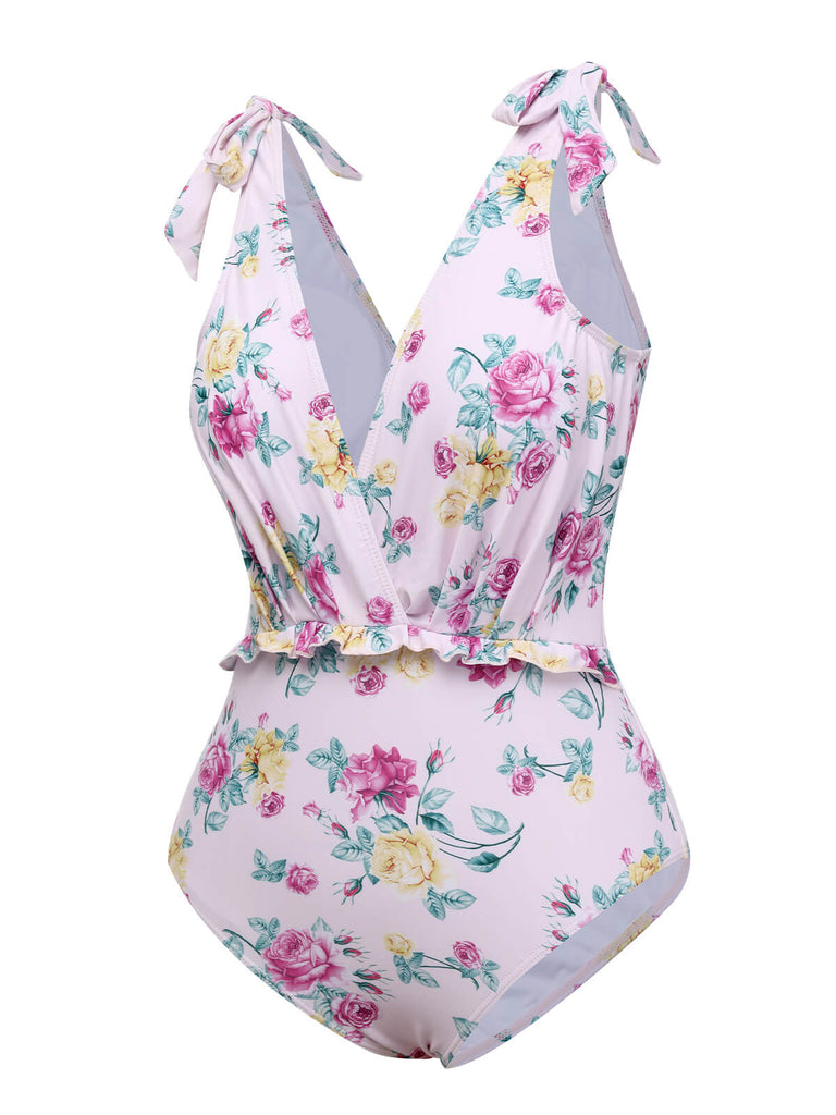 Lavender 1940s Floral Shoulder Tie Swimsuit