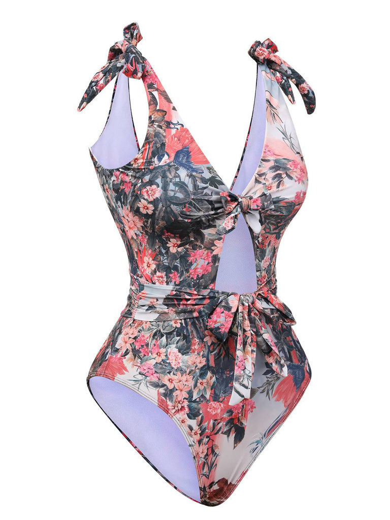 1940s Retro Pictorial Hollow One-Piece Swimsuit