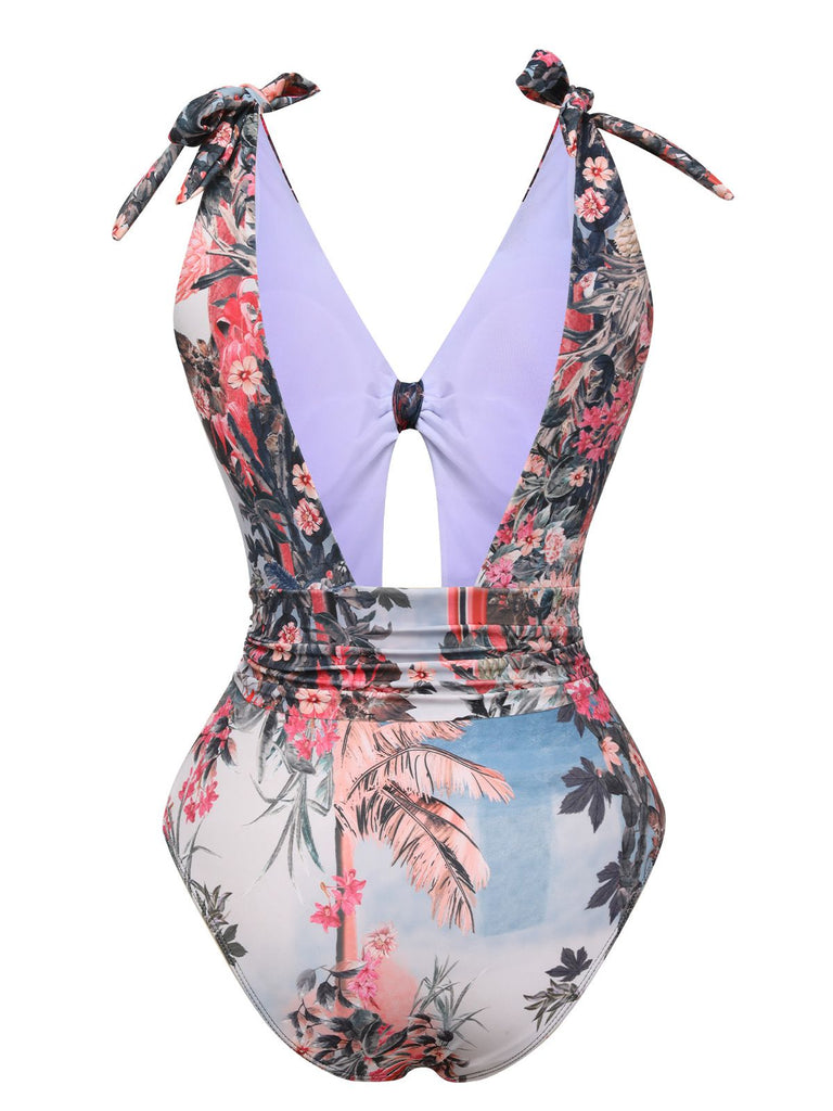 1940s Retro Pictorial Hollow One-Piece Swimsuit