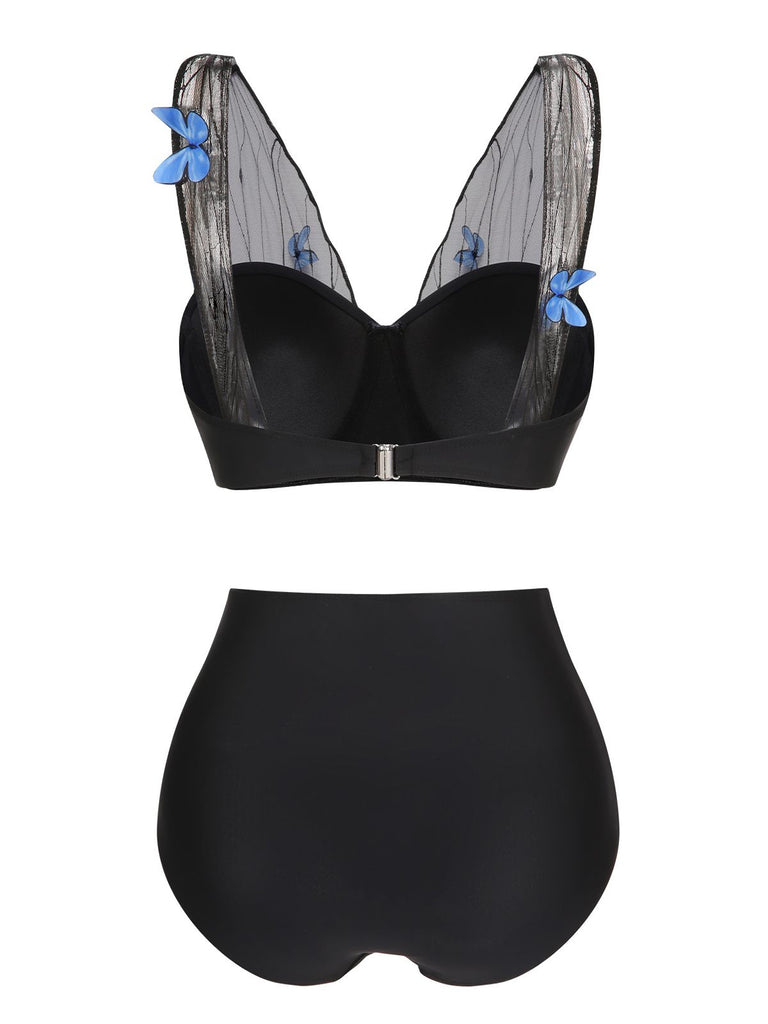 Black 1960s 3D Butterfly Mesh Pleated Swimsuit