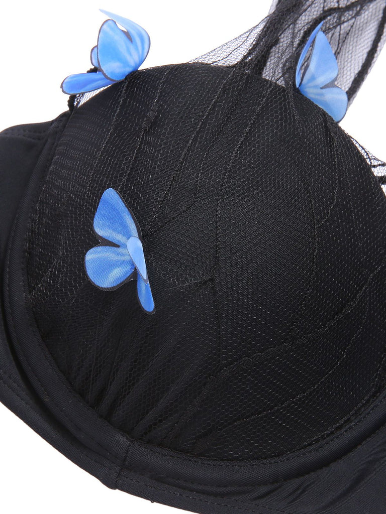 Black 1960s 3D Butterfly Mesh Pleated Swimsuit