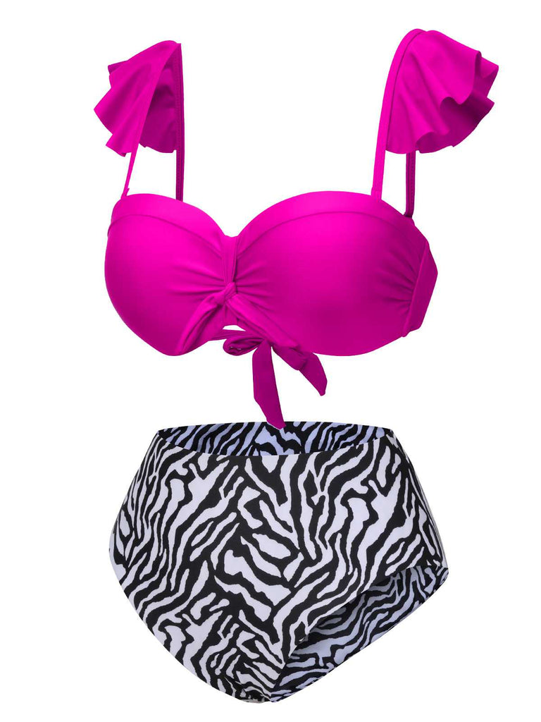 1950s Spaghetti Strap Leopard Ruffles Swimsuit