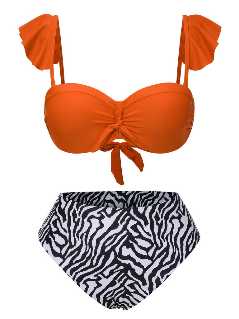 1950s Spaghetti Strap Leopard Ruffles Swimsuit