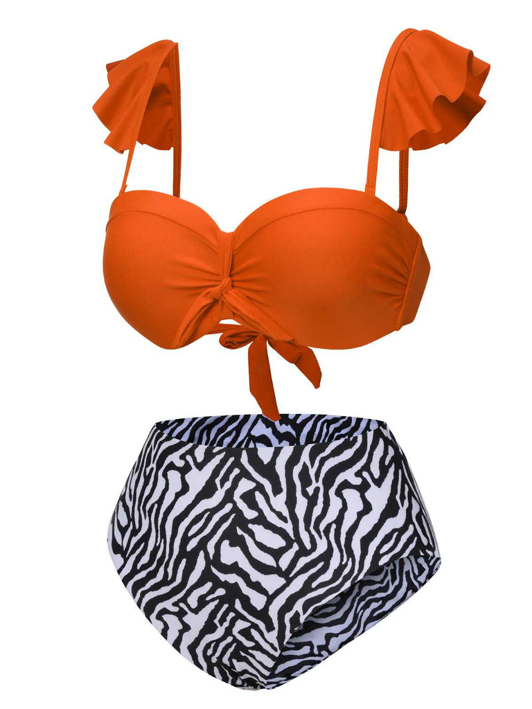 1950s Spaghetti Strap Leopard Ruffles Swimsuit