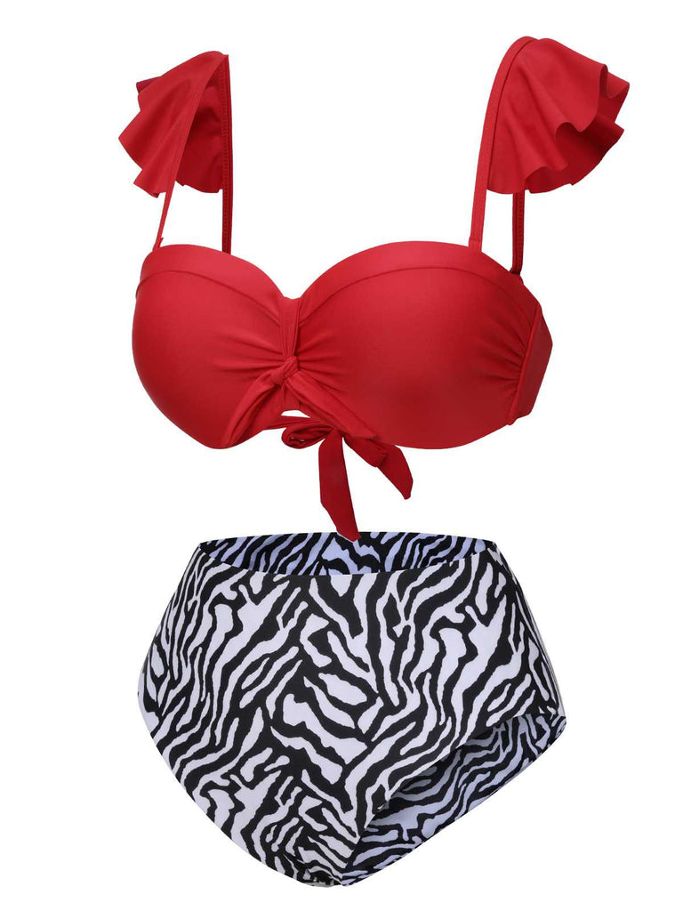 1950s Spaghetti Strap Leopard Ruffles Swimsuit