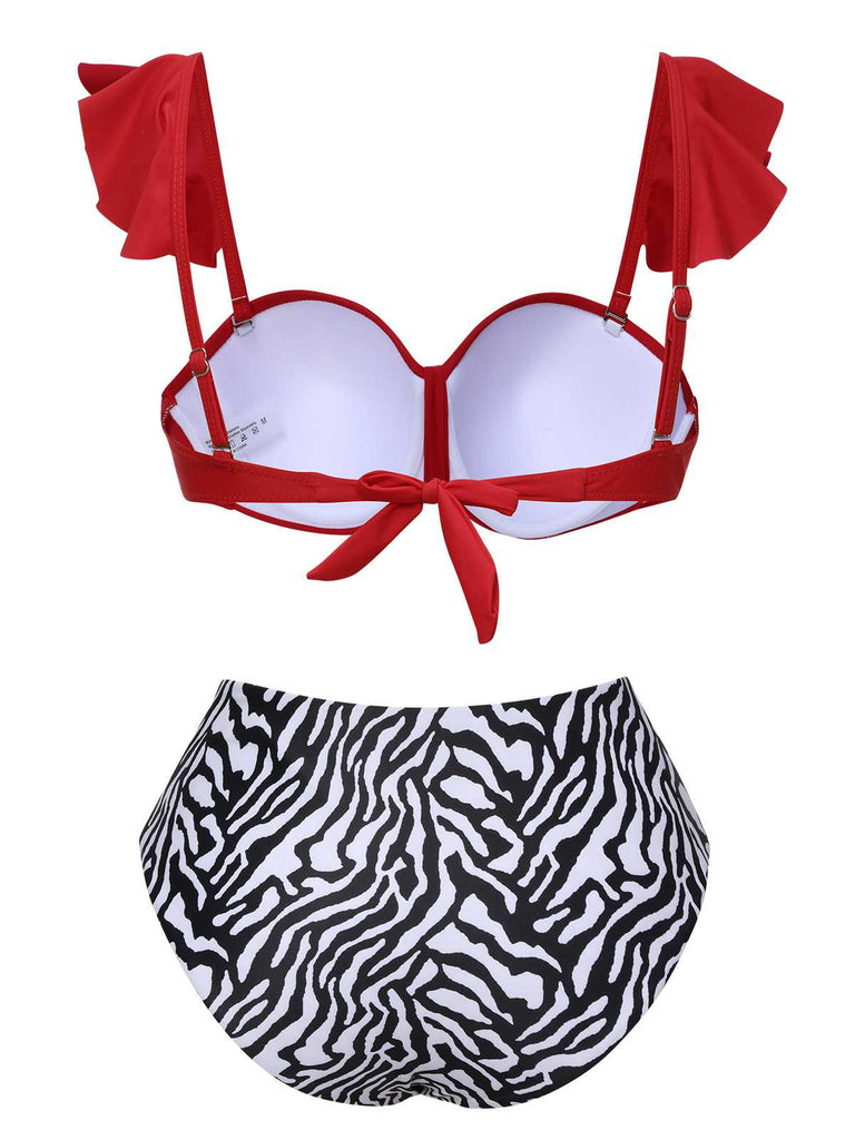 1950s Spaghetti Strap Leopard Ruffles Swimsuit
