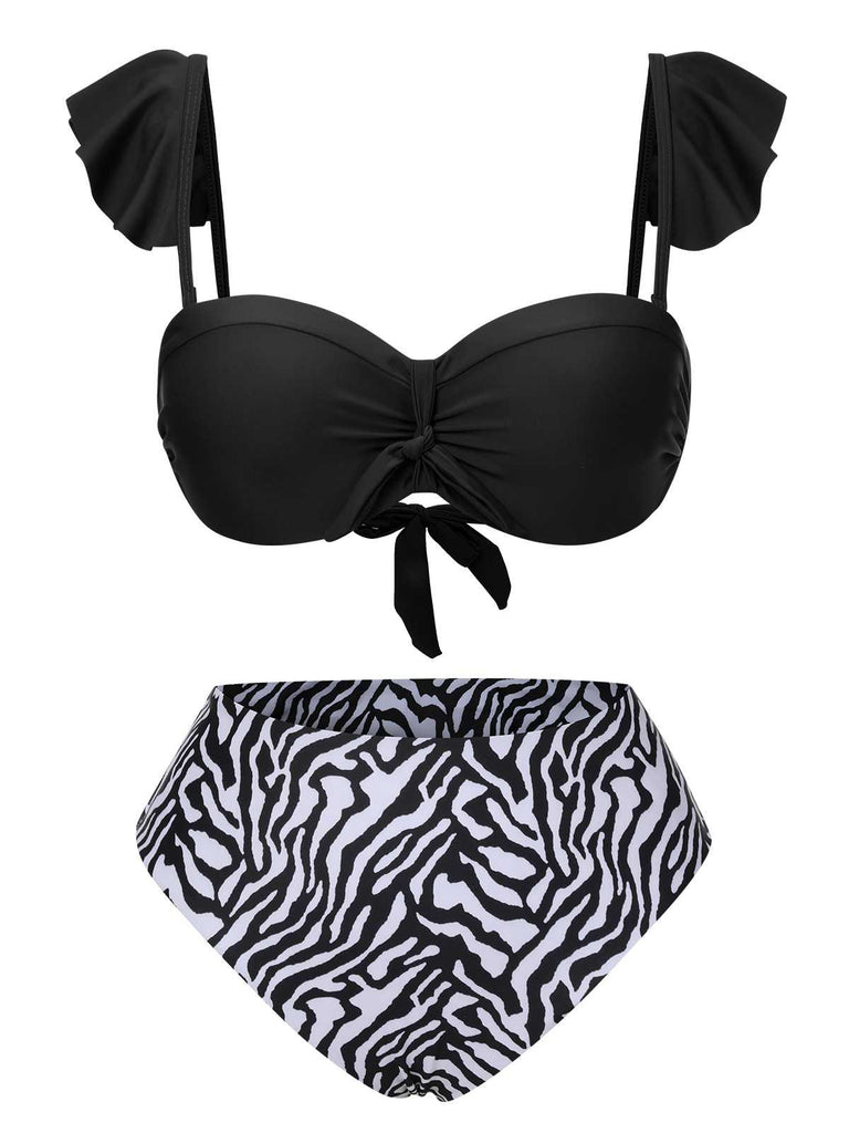1950s Spaghetti Strap Leopard Ruffles Swimsuit