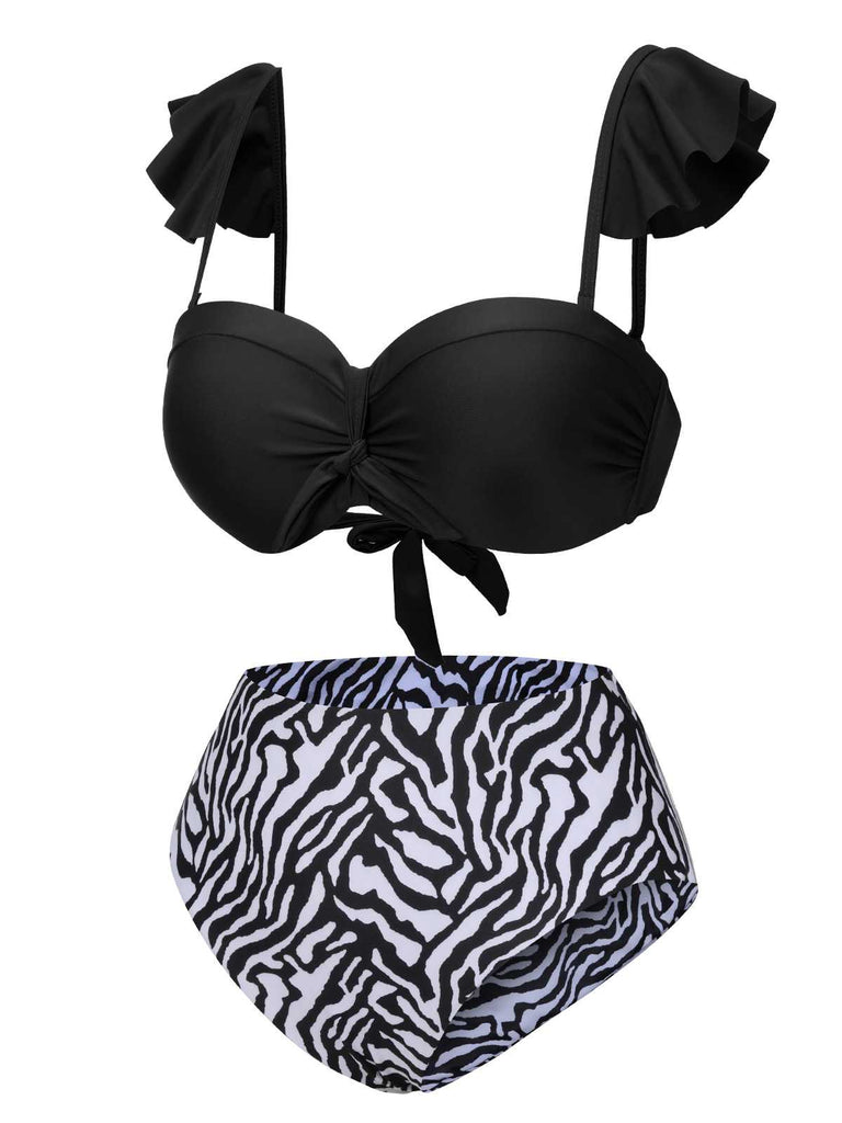 1950s Spaghetti Strap Leopard Ruffles Swimsuit