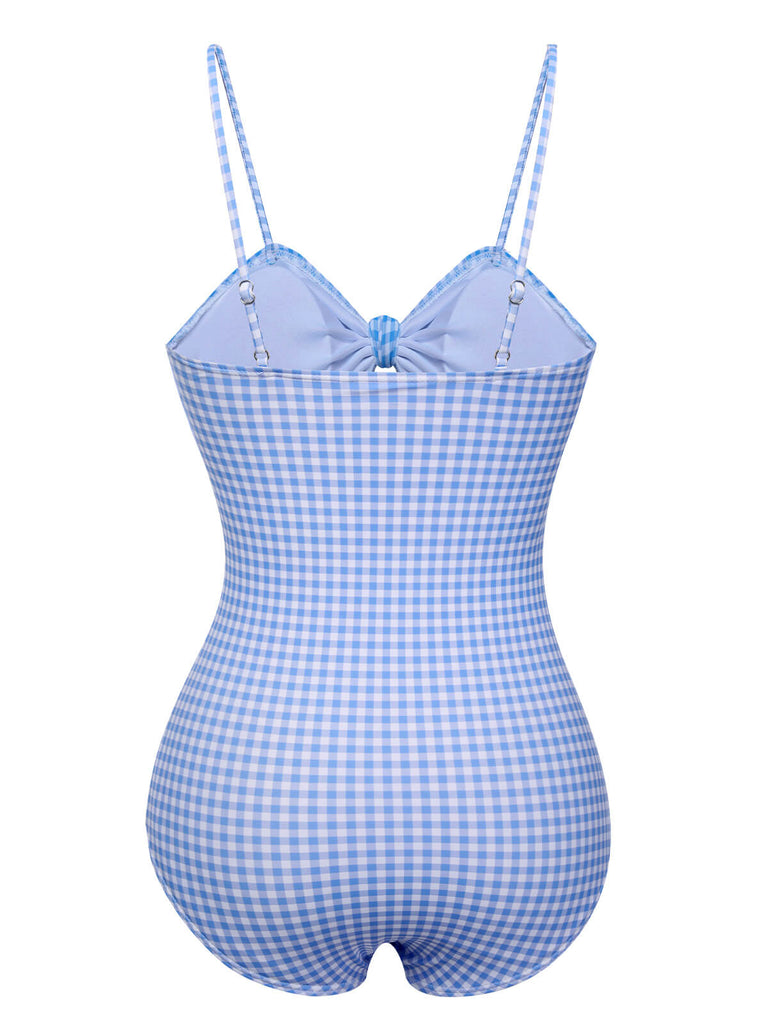 Blue 1950s Plaid Knot Strap Swimsuit