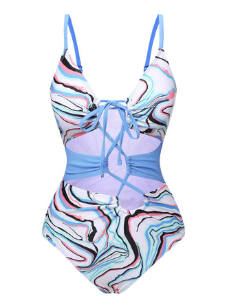 Blue 1970s Marble Print Hollow One-Piece Swimsuit