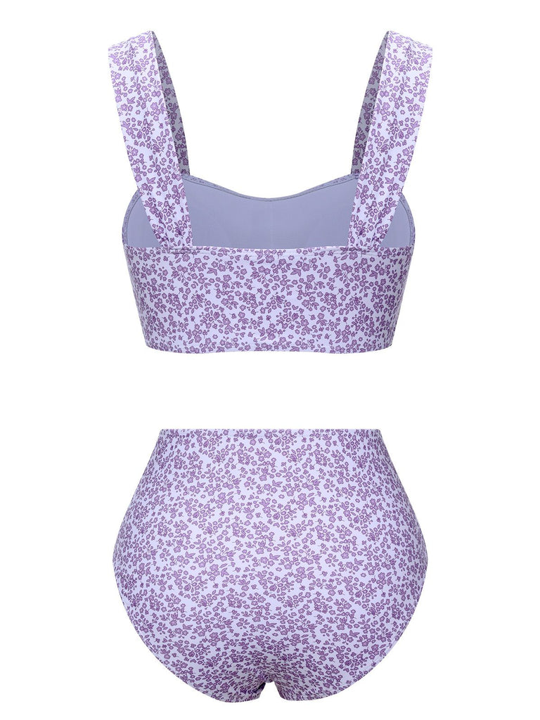 Lavender 1950s Floral Wide Strap Swimsuit