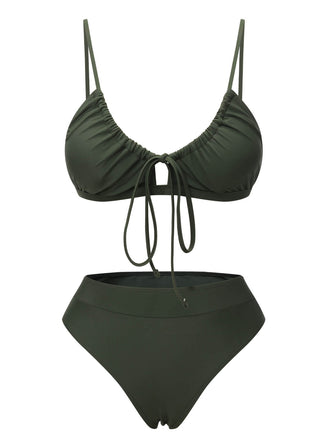 Army Green 1950s Solid Drawstring Halter Bikini