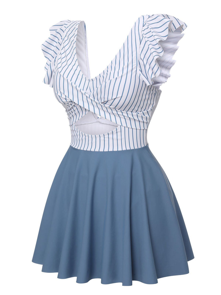 Blue 1940s Striped Patchwork Skirted Swimsuit