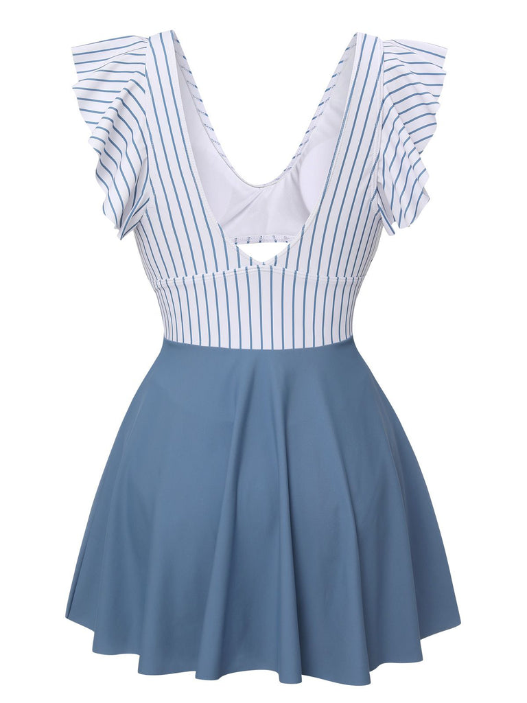 Blue 1940s Striped Patchwork Skirted Swimsuit