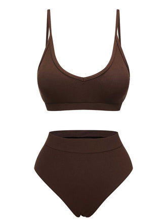Brown 1950s Spaghetti Strap Solid Swimsuit