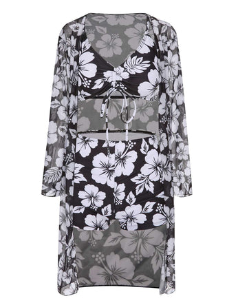 3PCS Black 1950s Flowers Swimsuit & Cover-Up
