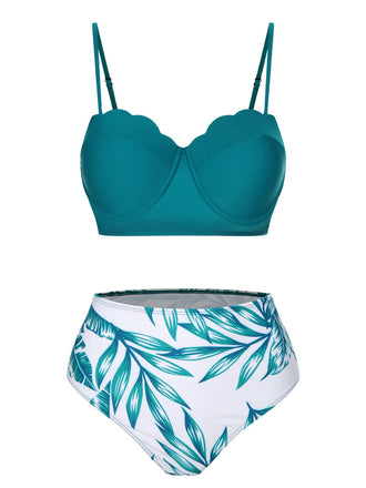 3PCS Green 1950s Ceramics Plant Prints Swimsuit & Cover-Up