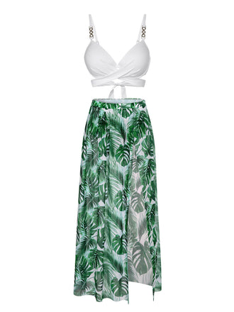 White & Green 1950s Tropical Swimsuit With Cover-Up