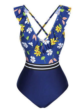 Blue 1970s Flowers Patchwork One-Piece Swimsuit