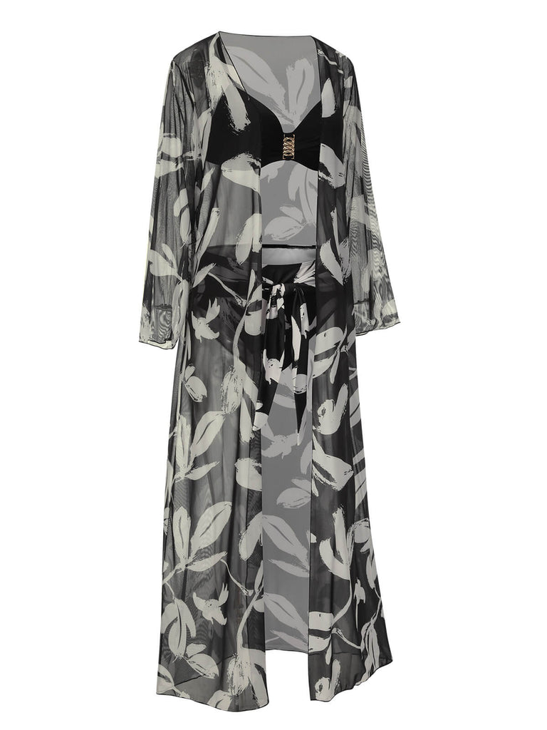 Black 1970s Leaves Strap Bikini & Long Cover-Up