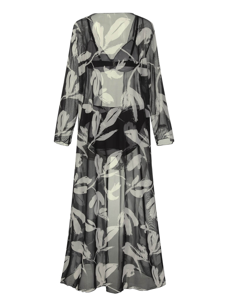 Black 1970s Leaves Strap Bikini & Long Cover-Up