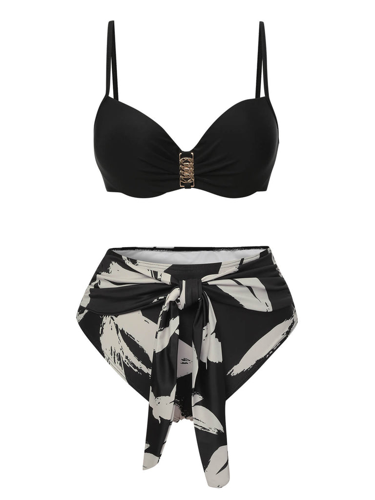 Black 1970s Leaves Strap Bikini & Long Cover-Up