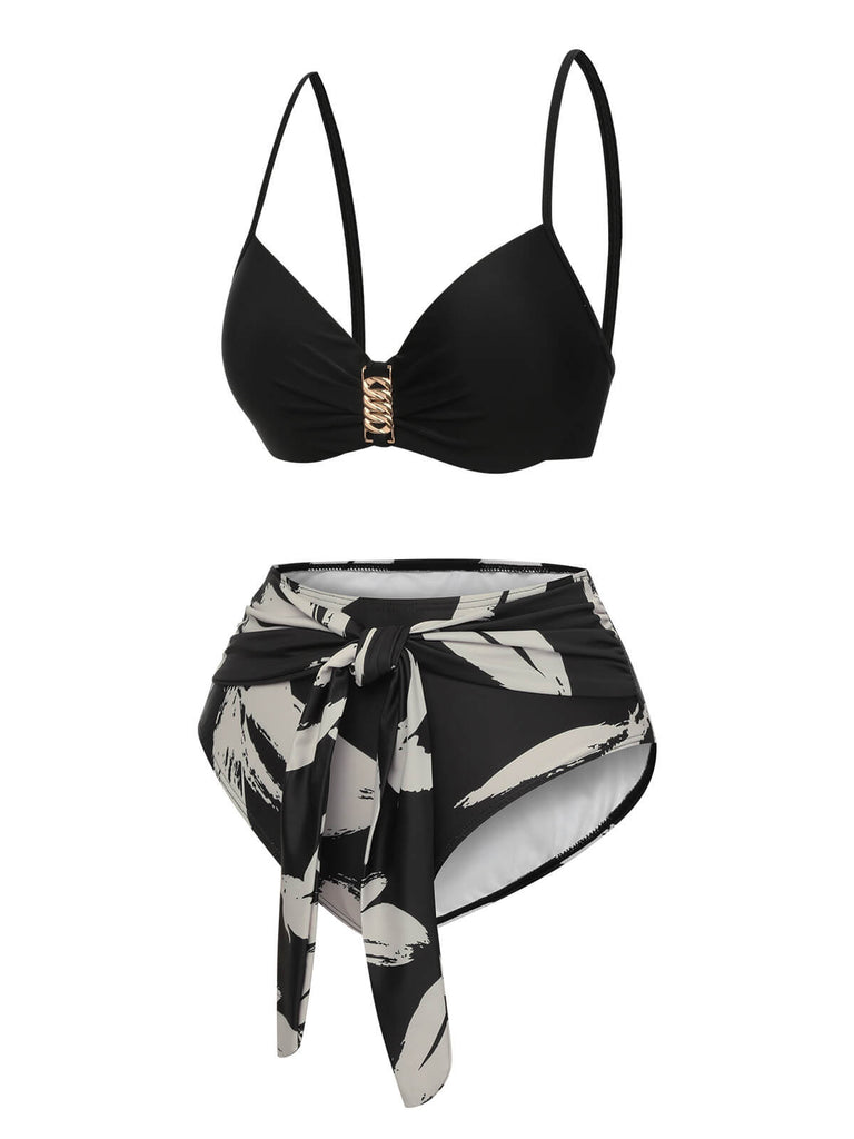 Black 1970s Leaves Strap Bikini & Long Cover-Up