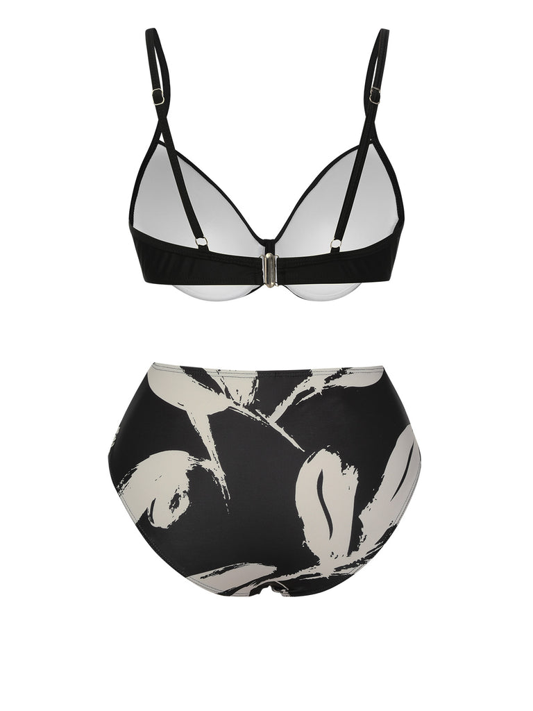 Black 1970s Leaves Strap Bikini & Long Cover-Up