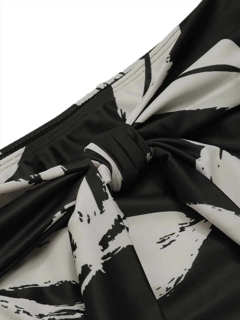 Black 1970s Leaves Strap Bikini & Long Cover-Up