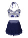 [Pre-Sale] 2PCS Blue 1960s Roses Halter Swimsuit & Skirt Cover-Up