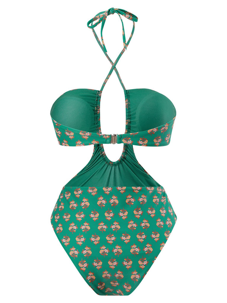 2PCS Green 1940s Flowers One-Piece Swimsuit & Cover-Up