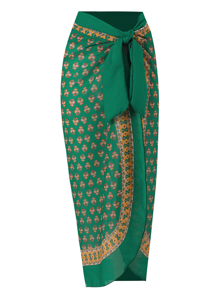 2PCS Green 1940s Flowers One-Piece Swimsuit & Cover-Up