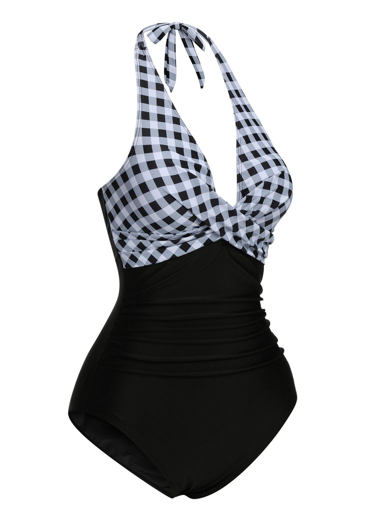 Black 1940s Halter Backless Plaids One-Piece Swimsuit