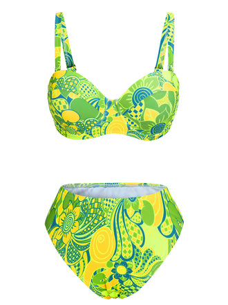 Fluorescent Green 1980s Floral Bikini Set