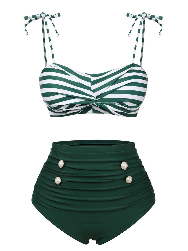 Green 1960s Stripe Shoulder Straps Swimsuit