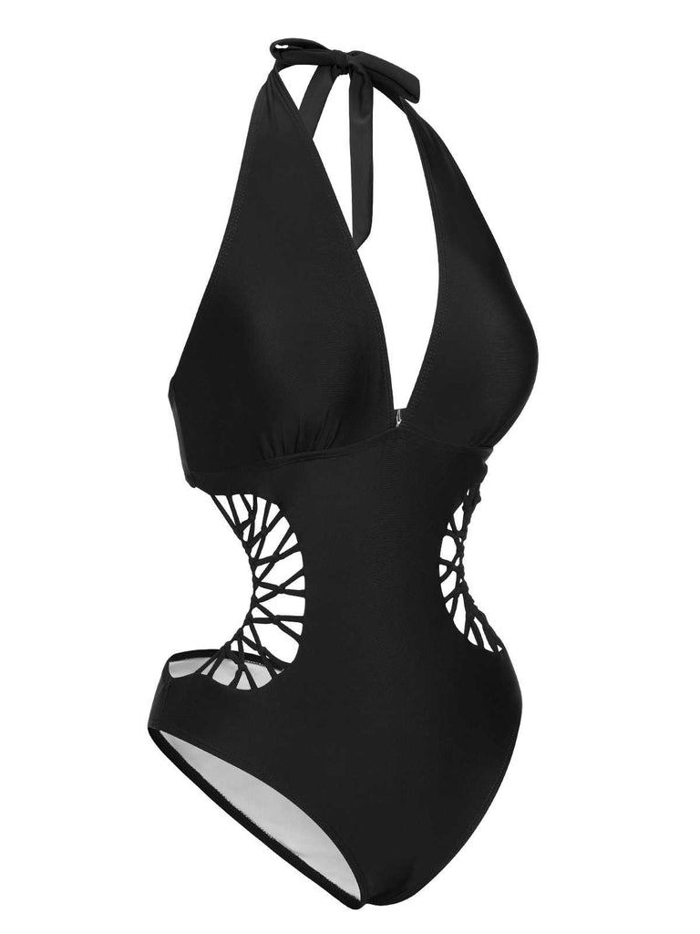 1930s Halter V-Neck Hollow One-Piece Swimsuit