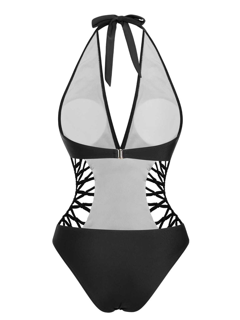 1930s Halter V-Neck Hollow One-Piece Swimsuit