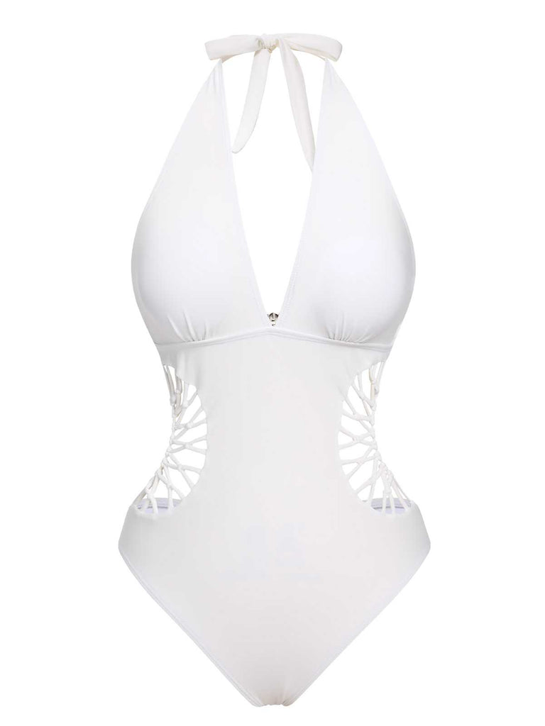 1930s Halter V-Neck Hollow One-Piece Swimsuit