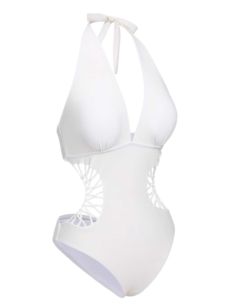 1930s Halter V-Neck Hollow One-Piece Swimsuit